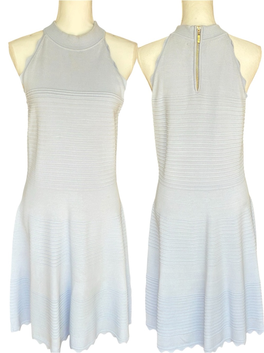 Eliza J Light Blue Scalloped Knit Fit & Flare Above The Knee Sleeveless Dress L
